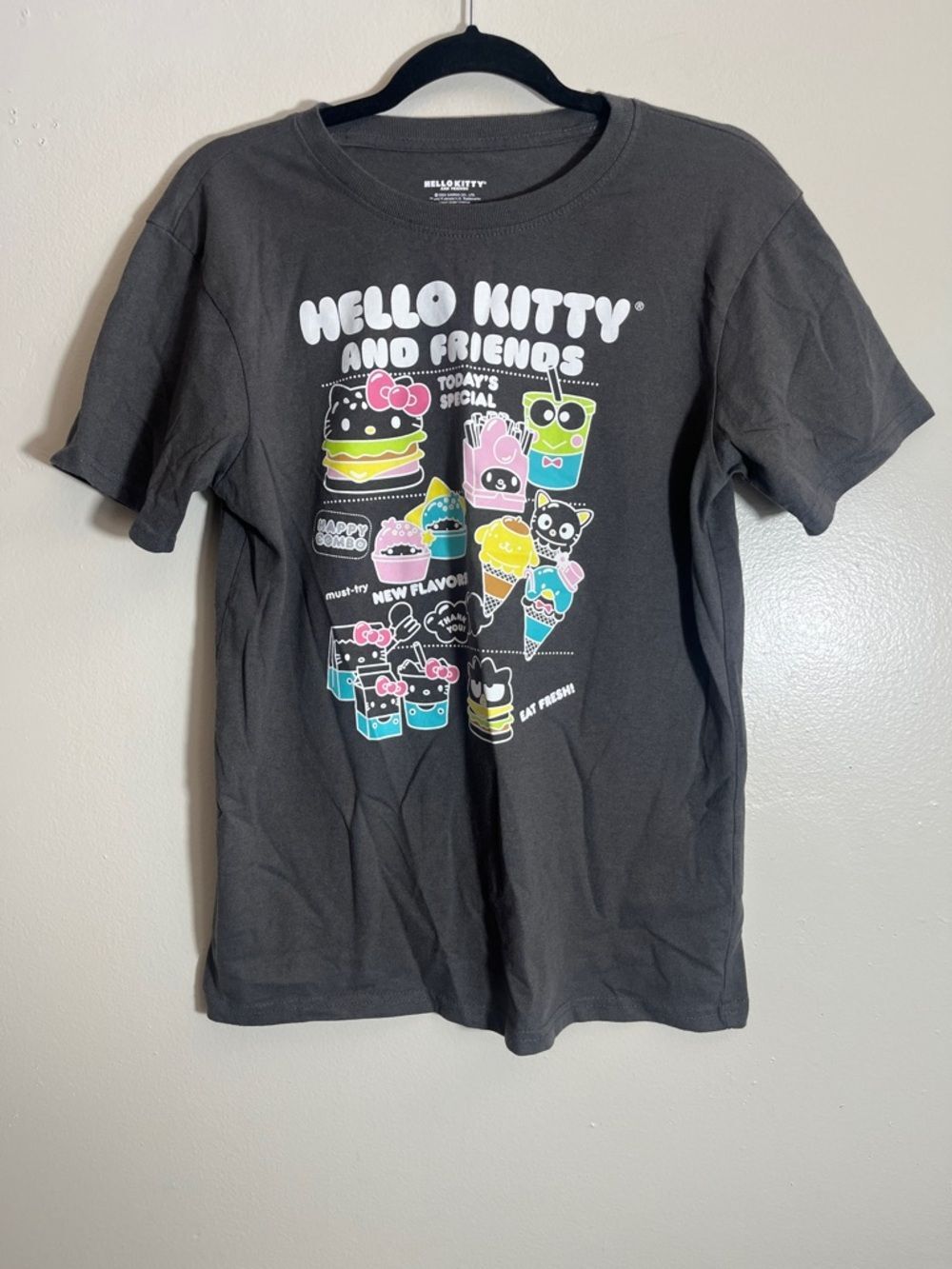 Hello Kitty Black Tee with Pastel Snack Cartoon Print Medium